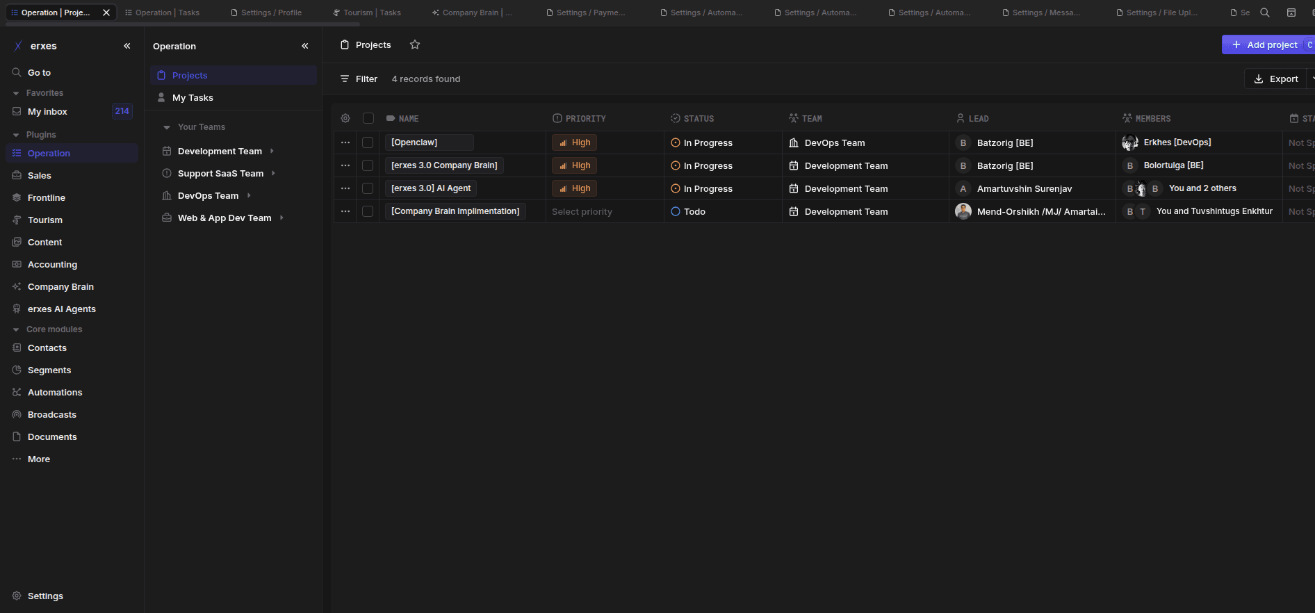 Erxes XOS Operation projects workspace showing active engineering initiatives