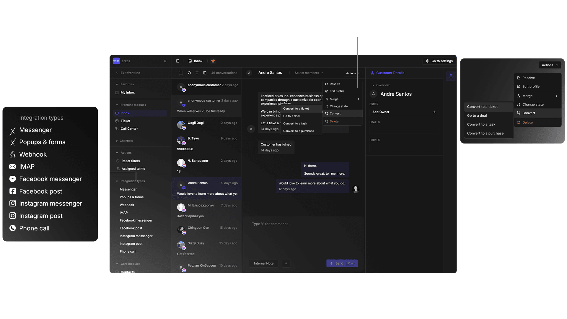 Erxes Frontline inbox and customer conversation interface