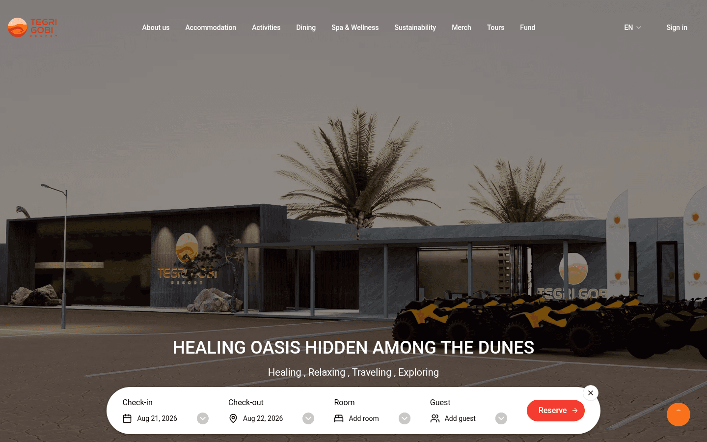 Homepage of the Tegri Gobi Resort website
