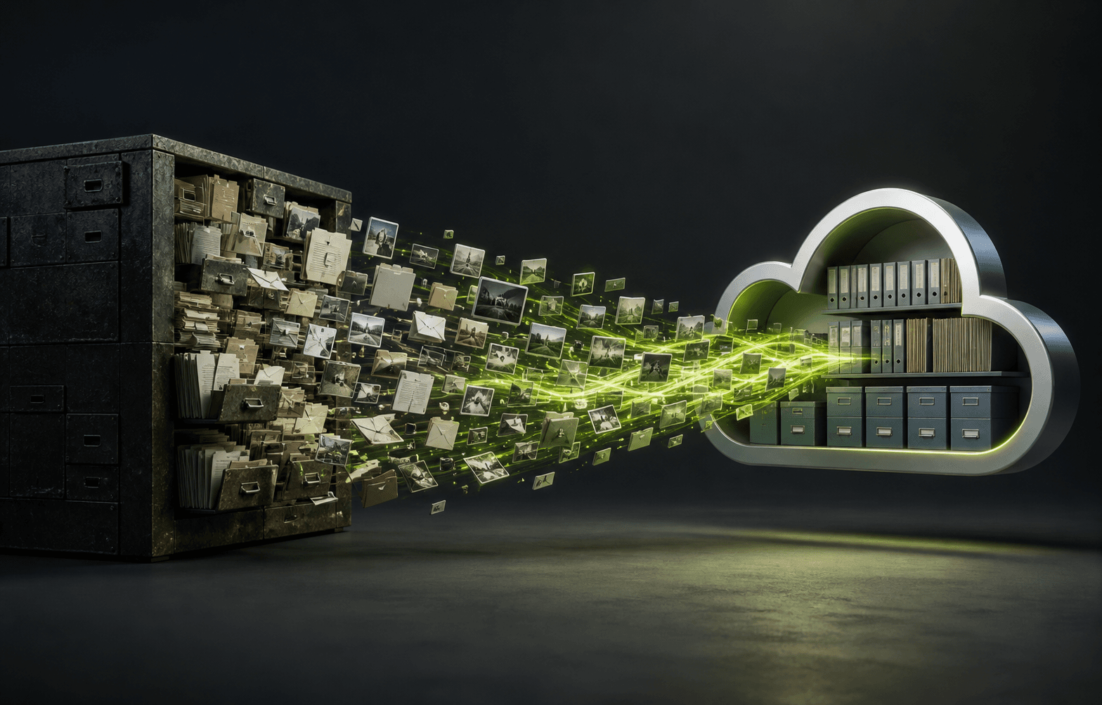 Editorial visualization of legacy media moving into organized cloud storage
