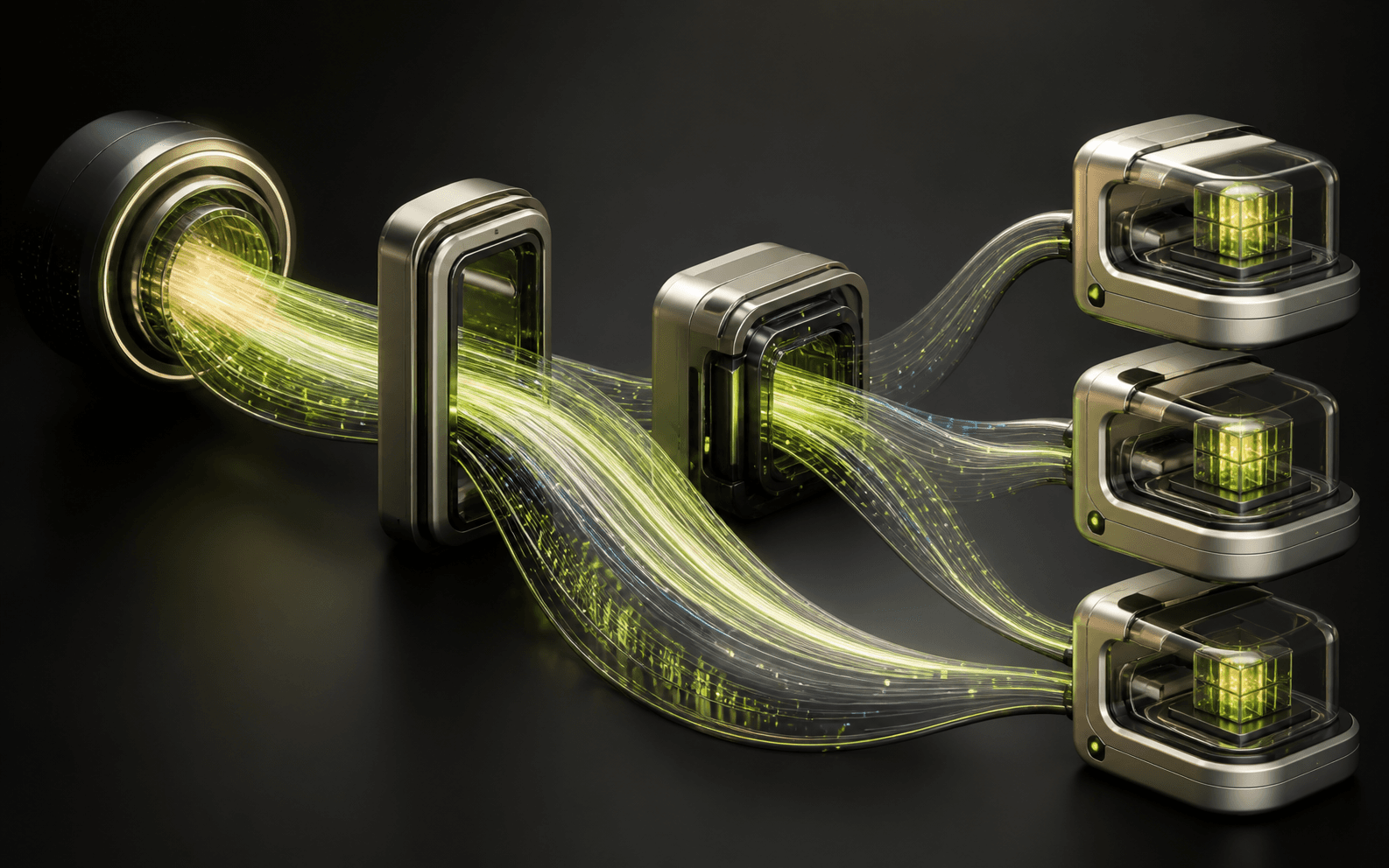 Editorial visualization of streamed deployment data flowing into managed runtime containers